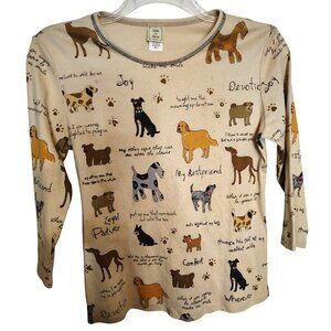 Jess & Jane Small All Over Dog Print Top Shirt, Tan, 3/4 Sleeve, Cotton